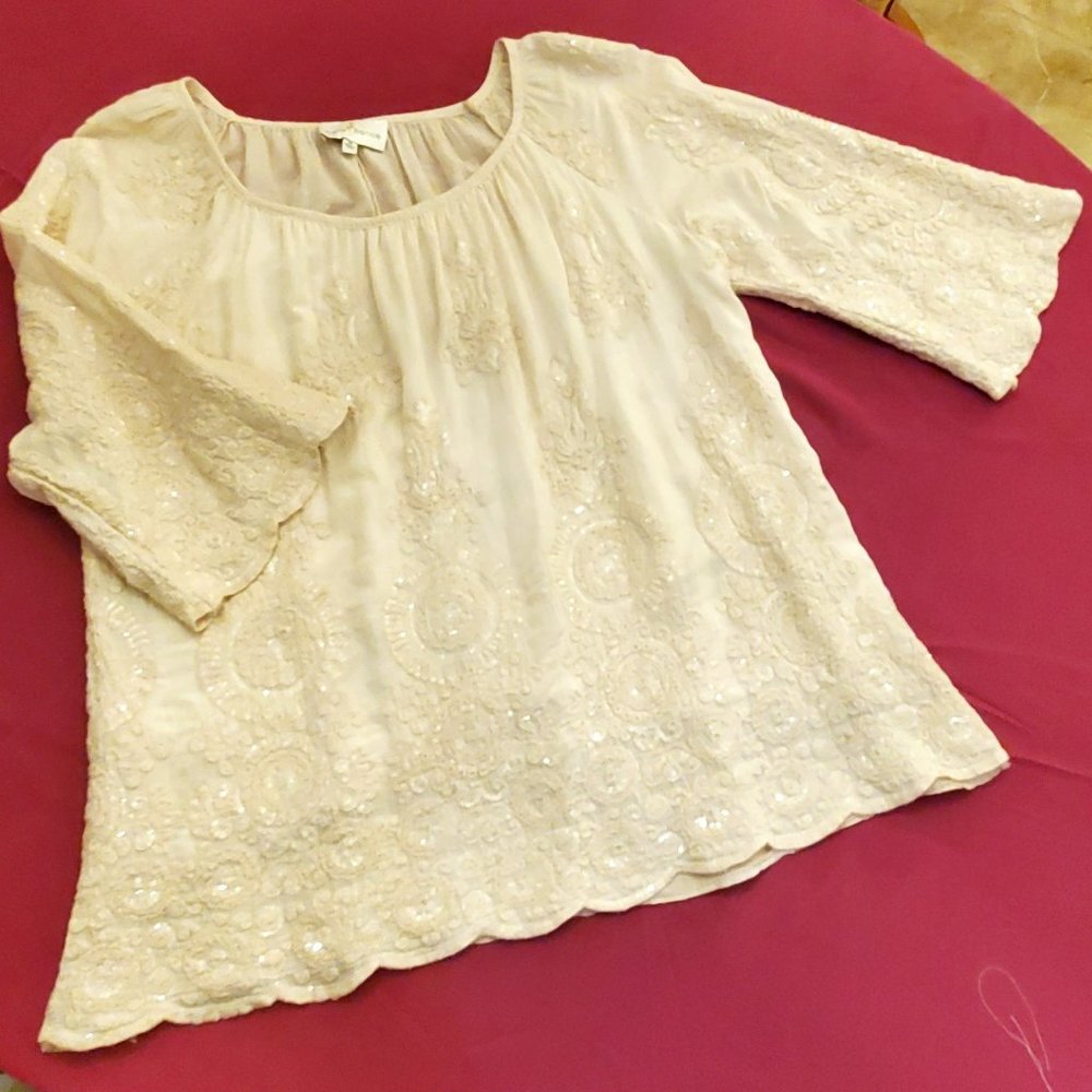 Bella France Size M Natural Color Cotton Gauze Embroidered Top w/ Clear Sequins